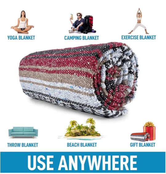 Dolce Vani Yogavni Yoga Blanket Deluxe Mexican Blanket – Striped Throw Blanket Meditation, Yoga, Decor, or Outdoor and Camping Accessory Premium Hand Woven Recycled Fiber – Red